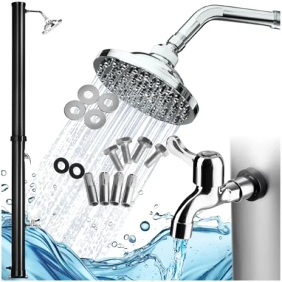 Abbildung von tectake® Gartendusche mit Duschkopf groß und Wasserhahn für Füße, Solardusche 20l, solar Shower Aussendusche, Gartenbrause, Outdoor Dusche Garten, Camping oder Pool schwarz/Silber