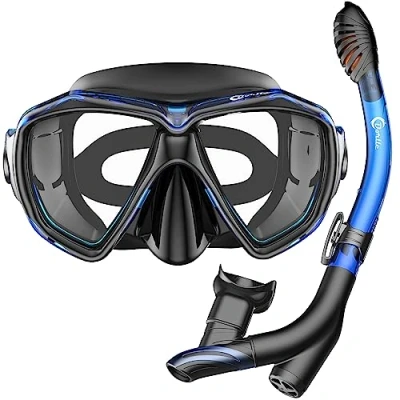 Abbildung von Dorlle Schnorchelset Schnorcheln Set mit Schnorchel und Taucherbrille，wasserdichte Tauchmaske Anti Fog Leck aus Gehärtetem Glas，mit 3 Kanal Premium Dry für Erwachsene ，Schwarz/blau