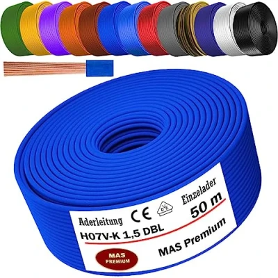 Abbildung von MAS Premium Von 5 bis 100m Aderleitung H07 V K 1x1,5 mm² SW, HBL, GNGE, GN, RT, DBL, BR, OR, GR, WS, VIO, U MAR.BL oder GE Einzelader flexibel (Dunkelblau, 50m)