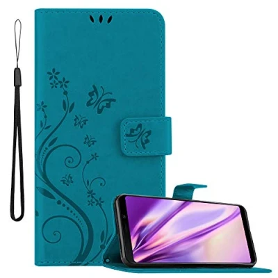 Abbildung von Cadorabo Hülle kompatibel mit Samsung Galaxy A9 2018 Blumen Design aus Kunst Leder Flip Klappbare Stoßfeste Magnetische [Standfunktion] [Kartenfächern] Cover für Tasche in Blau