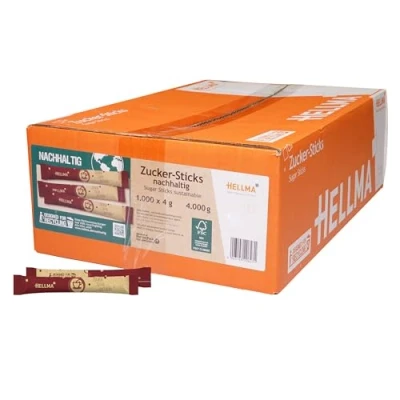 Abbildung von Hellma Feinzucker Sticks 1000 Stk. je 4 g kg Vorrats Box Zuckertütchen einzeln, für Kaffee, Tee