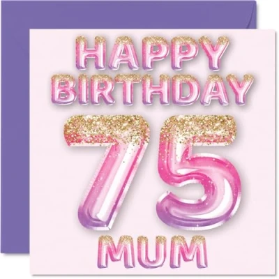 Abbildung von Stuff4 Geburtstagskarte zum 75. Geburtstag für Mama rosa &amp; lila Glitzerballons Happy Birthday Karten 75 Jahre alte Mutter, Mutter vom Sohn, Tochter, 145 mm x