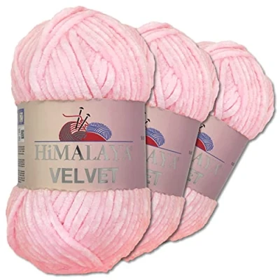 Abbildung von Wohnkult Himalaya 3 x 100 g Velvet Dolphin Wolle 40 Farben zur Auswahl Chenille Strickgarn Flauschwolle Glanz Accessoire Kleidung Decken (90003 Babyrosa)