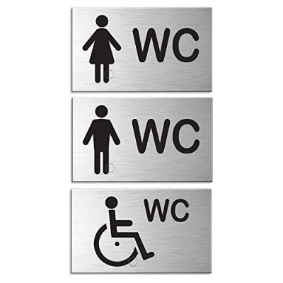 Abbildung von OFFORM DESIGN WC Schilder l Türschilder Toilettenschilder 3er Set Damen + Herren Behinderten Aluminium Edelstahloptik 60x100 mm Sparversand Nr.44666 S