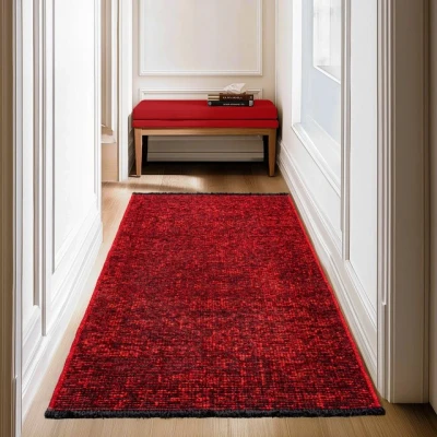 Abbildung von SIMPEX, Chenille Teppich Baumwolle Läufer Rot 80x150 cm Waschbar, Boho Stil, Kurzflor, Vintage Kelim, rutschfest &amp; Weich, Einfarbig, Für Küche, Flur Schlafzimmer