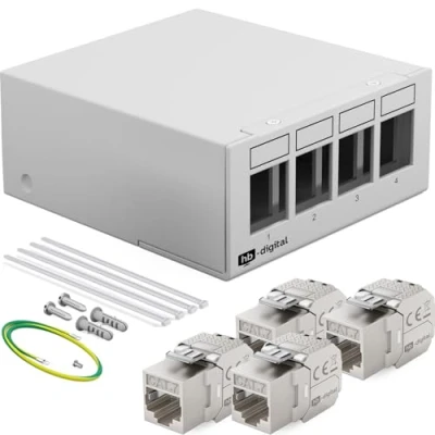 Abbildung von hb digital Set: 4 Port Patchpanel Gehäuse für Keystone Module + 4X Cat.7 RJ45 Buchse Jack Netzwerkinstallation kompatibel mit Verlegekabel LAN Ethernet HELLGRAU