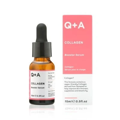 Abbildung von Q+A Collagen Booster Serum, ein veganfreundliches das eine Mischung aus pflanzlichem Kollagen, Honig Heuschreckensamen und Algenextrakten enthält, die helfen, Haut zu straffen, glätten