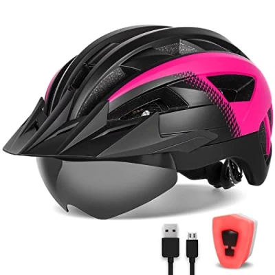 Abbildung von FUNWICT Fahrradhelm mit Visier für Herren Damen, Leichte Magnetischem Brille und USB Aufladung LED Licht, Stylisch Mountainbike Helm (L: 57 61 cm, Schwarz Rosa)