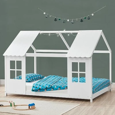 Abbildung von en.casa Kinderbett, »Tostedt« Bettgestell in Hausoptik Halboffenes Desgin 120x200cm Weiß