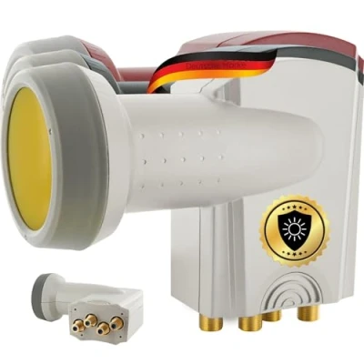 Abbildung von SCHWAIGER 364 Quad LNB Low Noise Blockconverter Sun Protect digital hitzebeständig Kappe Satellitenschüssel Zubehör Direktanschluss Wetterschutz vergoldete Kontakte hellgrau