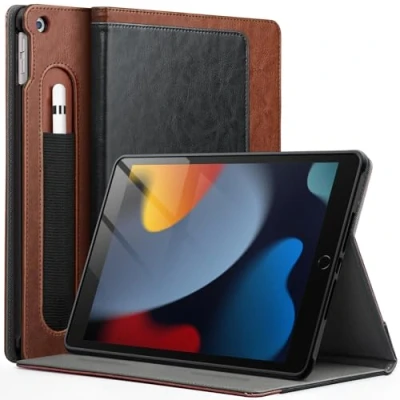 Abbildung von JETech Hülle für iPad 10,2 Zoll, 9./8./7. Generation (2021/2020/2019) mit Stifthalter, Multi Winkel Ständer Weiche TPU Schutzhülle Auto Wachen/Schlafen (Schwarz/Braun)