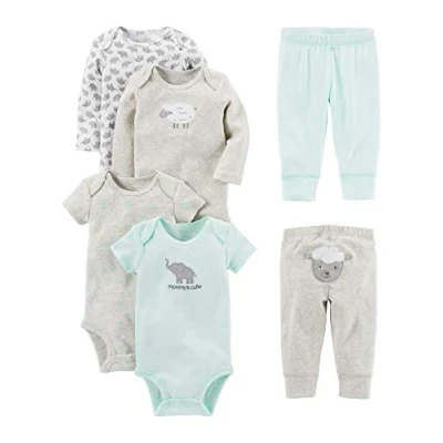 Abbildung von Simple Joys by Carter&#039;s Unisex Baby 6 teiliges Set, Bodys (Kurz und Langarm) Hosen, Grau/Minzgrün/Elefant/Lamm, 3 Monate