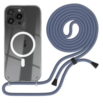 Abbildung von EAZY CASE Handykette kompatibel mit iPhone 16 Pro Max Kette zum Umhängen Stoßfest Handyhülle für Apple Silikon Hülle Band Handytasche Transparent Fallschutz in Blau Clips Schwarz