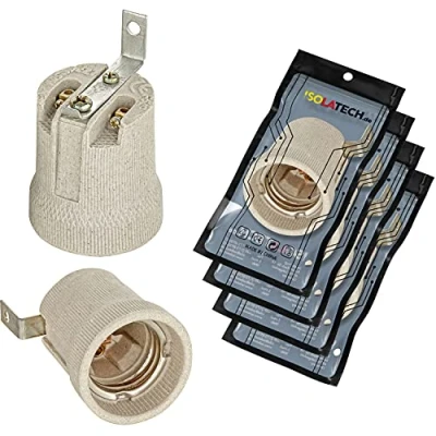 Abbildung von ISOLATECH 4Stk E27 grau Keramik Fassung mit Befestigungswinkel/Außenbügel (max.250V/4A) Leuchtmittel für Home Decke Installation Badezimmer Küche Kühlschrank Sockel Halterung einbauen