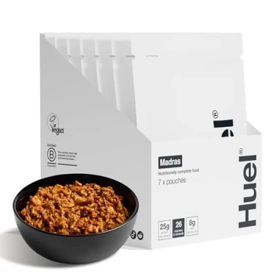 Abbildung von Huel Hot &amp; Savoury Madras (7 Portionen), Vegane Protein Mahlzeit mit 25 g Eiweiß, 26 Vitamine Mineralstoffe, Pflanzliches Fertiggericht, Ausgewogen Nährstoffreich