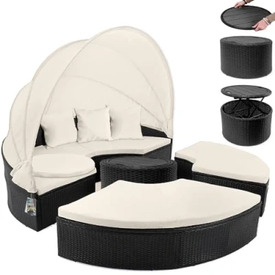 Abbildung von Casaria® Sonneninsel Lounge Set ø185cm Polyrattan Faltbares Sonnendach Ausziehtisch 7cm Auflagen Wetterfest Outdoor Sonnenliege Gartenliege Schwarz