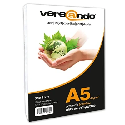 Abbildung von versando 500 Blatt Recyclingpapier DIN A5 EcoWhite 80g Kopierpapier Druckerpapier Öko Umweltpapier (148 x 210 mm)