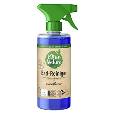 Abbildung von Love Nature Bad Reiniger Moonflower, 470 ml, nachhaltiges Reinigungsspray gegen Kalk und Schmutz, ohne tierische Inhaltsstoffe