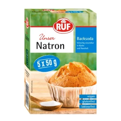 Abbildung von RUF Natron, Back Soda, Alleskönner als Backtriebmittel, zum Binden von Säure, Entkalken und zur Verwendung in Haushalt &amp; Bad, Vorratspack, 5 x 50g