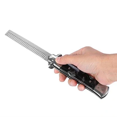 Abbildung von Switchblade Comb, Öl Haar Kamm Metallspring Sprungbürste Taschenöl mit den breiten und feinen Zähnen für Bart, Schnurrbart, Kopf Black Pearl Griff (Schwarz)