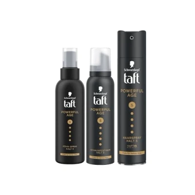Abbildung von Taft Schwarzkopf Schaumfestiger Powerful Age (150ml) Haltegrad 5 &amp; Haarspray (250 ml) Haarstyling dünner werdendes Haar Föhn Spray vegane Formel*