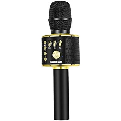 Abbildung von BONAOK Karaoke Mikrofon, 3 in 1 Kabelloses Bluetooth Kinder Mikrofon Lautsprecher Maschine, Tragbares KTV für zu Hause, Kompatibel mit IOS Android Geräten（Schwarz Gold)