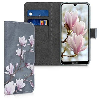 Abbildung von kwmobile Wallet Case kompatibel mit Huawei Y6 (2019) Hülle Cover Ständer und Kartenfächern Magnolien Taupe Weiß Blaugrau