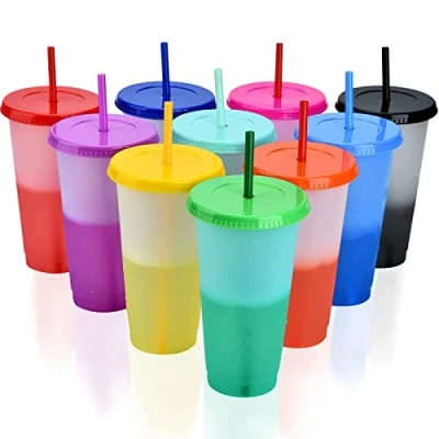 Abbildung von PALUDO 10 Stück Wiederverwendbare Plastikbecher mit Deckel und Strohhalmen, 710ml Farbwechsel Becher, Farbewechselnde Partybecher, Mehrweg Travel Mug Tumbler, Trinkbecher für Kinder Erwachsene