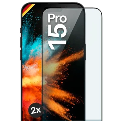 Abbildung von moex Full Screen Schutzglas kompatibel mit Apple iPhone 15 Pro Schutzfolie randlos, ganzer Bildschirm, Curved 3D Folie, Clear 2x Schwarz