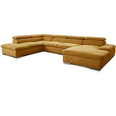 Abbildung von Cavadore Wohnlandschaft Alkatraz im modernen Design / U Form mit Ottomane links und Longchair rechts Inkl. Bettfunktion + Kopfteilverstellung 350 x 73 226 Gelb