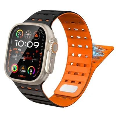 Abbildung von TiMOVO Magnetarmband Kompatibel mit Apple Watch 49/45/46/44/42 mm Herren Damen, Sport Magnetisches Silikon Uhrenarmband für iWatch Ultra 2 SE Serie 10 9 8 7 6 5 4 3 1, Schwarz Orange