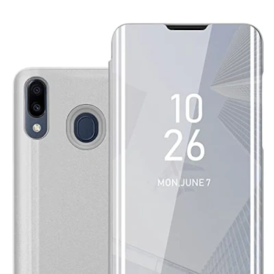 Abbildung von Cadorabo Hülle kompatibel mit Samsung Galaxy M20 Schutzhülle TPU Silikon Case 360 View Spiegel, Slim Kratzfest Weiche Gummi Rundumschutz Cover für in Silber