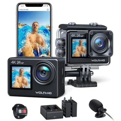 Abbildung von WOLFANG GA200 Action Cam 4K 24MP Unterwasserkamera WiFi 40M wasserdichte EIS Bildstabilisator Touchscreen Helmkamera 170 Weitwinkel Camcorder (Ladegerät, Fernbedienung, 2 Akkus und Zubehör Kit)