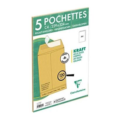Abbildung von Clairefontaine 174505C Packung mit 5 Versandtaschen Kraftbraun C4 229x324 mm, Rillen, dehnbar Falten 30 selbstklebend, 120g, 1 Pack