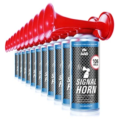 Abbildung von 11 x AAB Signal Horn Laut Fanfare 106 dB(A), Fussball Fanartikel Mit Nicht Brennbarem Gas, Bis Zu 120 Kurze Pieptöne, Drucklufthorn, Gaströte, Pressluft Signalhorn, Drucklufthupe, Stadion Tröte