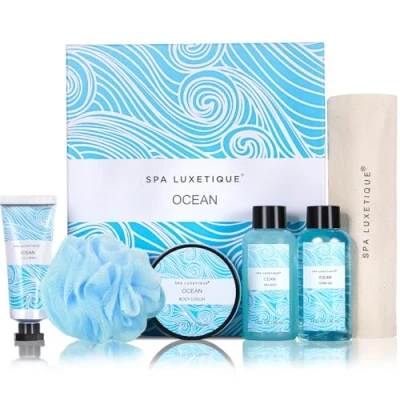 Abbildung von Bade Geschenke für Frauen, SPA LUXETIQUE Pflegeset Ozeanduft 6 tlg. Set in Reisegröße Duschgel, Bodylotion, Schaumbad, Handcreme, Leinentasche mit Kordelzug, Bad Reise Weihnachtsgeschenke