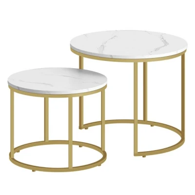 Abbildung von Home Collective Couchtisch 2er Set Rund Beistelltisch Loft Design 2 in 1 Verschachtelung Kratzfeste Oberfläche, Wohnzimmer 53cm und 43cm Breit Marmor Optik mit goldenen Beinen