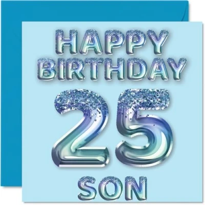 Abbildung von Stuff4 Geburtstagskarte zum 25. Geburtstag für Sohn, blaue Glitzer Party Luftballons, Happy Birthday Karten den von Mama Papa Eltern, 145 mm x