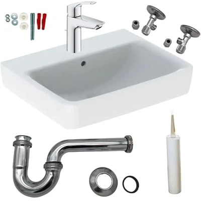 Abbildung von HGMBAD Geberit Waschtisch Waschbecken 65 cm Armatur Siphon Eckventil Komplettset
