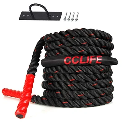 Abbildung von CCLIFE Battle Ropes Schlachtseil 9m 12m 15m Ø38mm Fitnesse Sport Tau Trainingsseil Fitnessseil Sportseil Rope für Fitnessstudio Muskelaufbau, Größe:9m schwarz rote Seile. mit Halterung