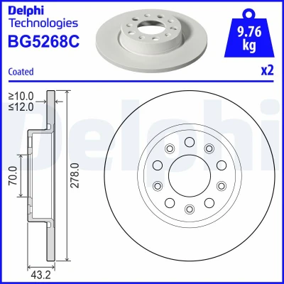 Abbildung von DELPHI Bremsscheibe JEEP: Compass 278mm 12mm 5 voll beschichtet BG5268C Bremsscheiben, Scheibenbremsen