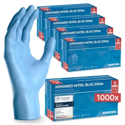 Abbildung von 1000x ARNOMED Einweghandschuhe Blau, Einmalhandschuhe S, Nitrilhandschuhe (5x200 Stk), Handschuhe Einweg puderfrei, Gummihandschuhe Einweg, Nitril, in M, L &amp; XL