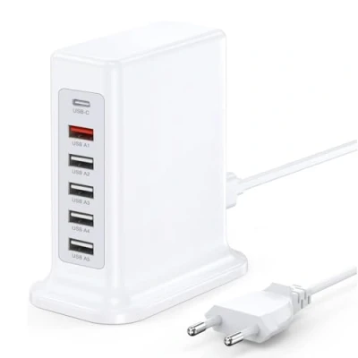 Abbildung von 55W 6 in 1 Desktop Ladestation, Multi USB Port intelligenter Ladehub (1USB C+5USB A), ausgestattet mit PD und QC3.0 Schnellladegeräten, kompatibel iPhone/Samsung Anderen Geräten
