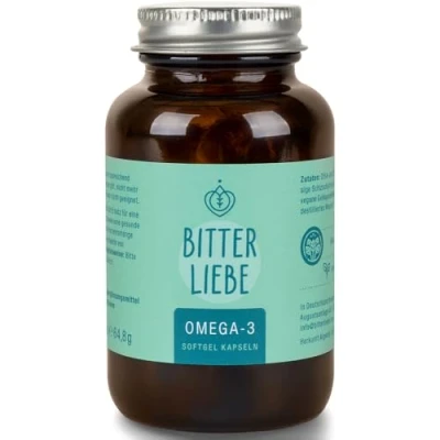 Abbildung von BitterLiebe Omega 3 vegan Kapseln hochdosiert aus pflanzlichem Algenöl hochwertigem EPA und DHA Premium Fettsäuren für Veganer leicht schluckbar 1x 90 St