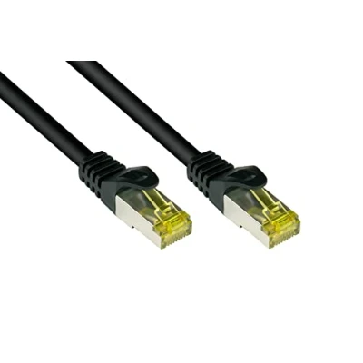 Abbildung von Good Connections RJ45 Ethernet LAN Patchkabel mit Cat. 7 Rohkabel und Rastnasenschutz RNS, S/FTP, PiMF, halogenfrei, 500MHz, OFC, 10 Gigabit fähig (10/100/1000/10000 Base T Netzwerke) z.B. für Patchpanel, Switch, Router, Modem schwarz, 90 m
