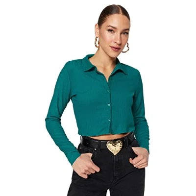 Abbildung von Trendyol Damen Figurbetont Standard Hemdblusenkragen Gestrickt Bluse, Grün, L