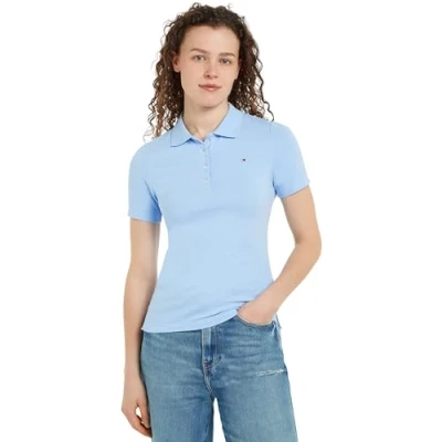 Abbildung von Tommy Hilfiger Damen Poloshirt Kurzarm Slim Fit, Blau (Vessel Blue), L