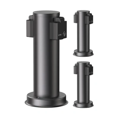 Abbildung von ledscom.de 3 Stück Garten Steckdosensäule PORU für außen, IP44, 2 Fach, Edelstahl, schwarz, rund, 27 cm