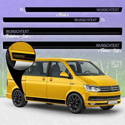 Abbildung von Auto Dress Seiten Streifen Aufkleber Set/Dekor passend für VW T4, T5 &amp; T6 Bus Motiv: Wunschtext (111M Black Matt, Radstand: Lang)