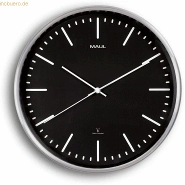Abbildung von Maul Funkwanduhr MAULfly Ø 30cm Wanduhr aus Mineralglas automatische Zeiteinstellung schmaler Rahmen Aluminium in modernem Design für Büro, Homeoffice und Wohnbereich Schwarz